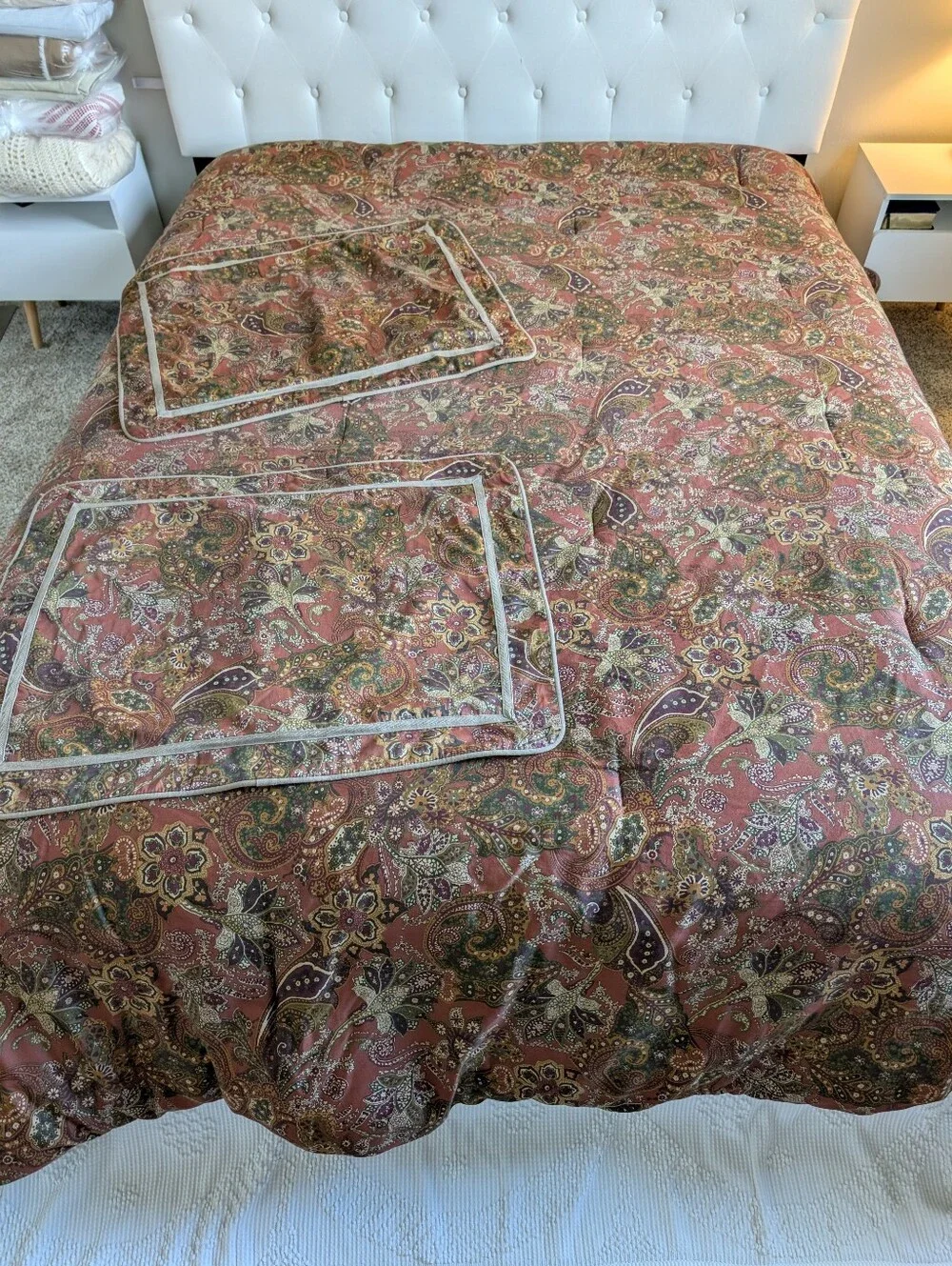 Chaps Home Rust Brown Satin Jacobean Botanic Queen Comforter Striped Reversed